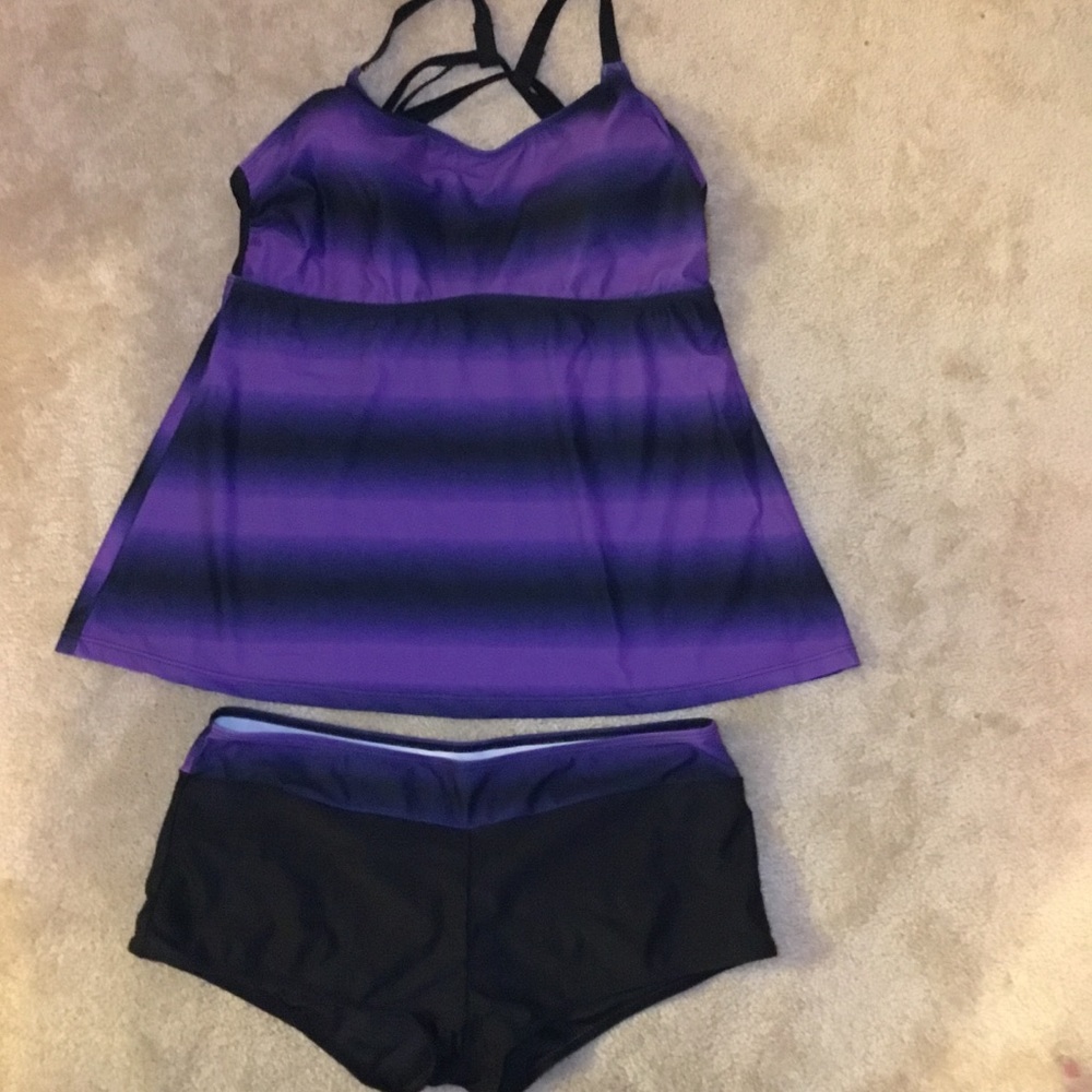 XL 2pc Purple & Black cross strapped top swimsuit